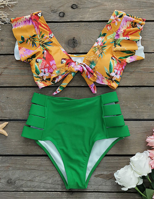 Fashion 4# Polyester Ruffled Hollow V-neck One-piece Swimsuit
