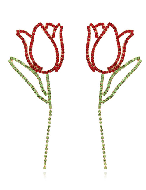 Fashion Red Alloy Diamond Tulip Stud Earrings