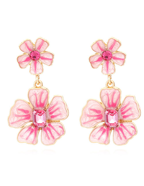 Fashion Pink Alloy Diamond Drip Oil Flower Stud Earrings