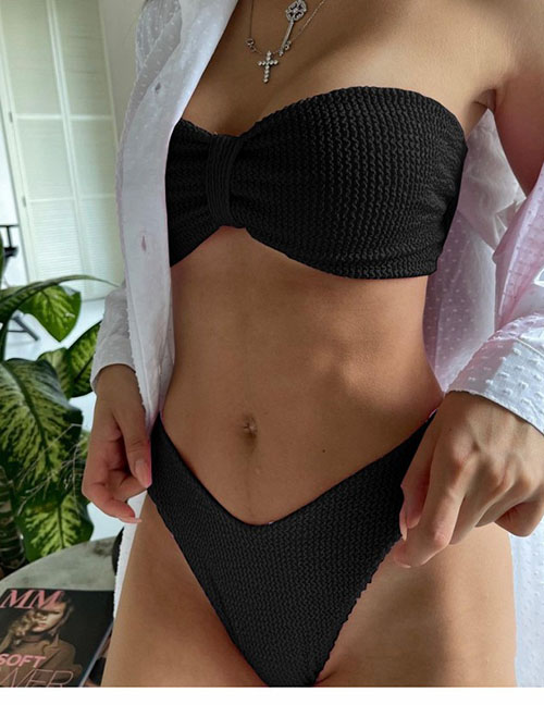 Fashion Black Polyester Crinkle Two-piece Swimsuit