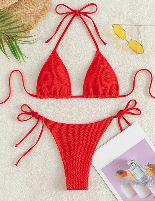 Fashion Red Polyester Halter Neck One Piece Swimsuit