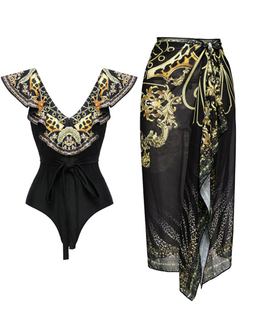 Fashion One-piece Swimsuit + Wrap Skirt With Ruffled Shoulders Polyester Embroidered One-piece Swimsuit Two-piece Set