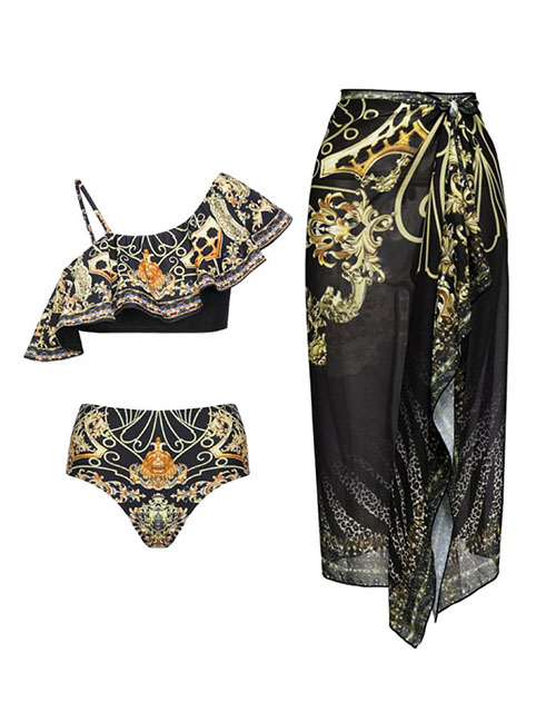 Fashion Ruffle Bikini + Wrap Skirt Polyester Embroidered Two-piece Swimsuit Three-piece Set