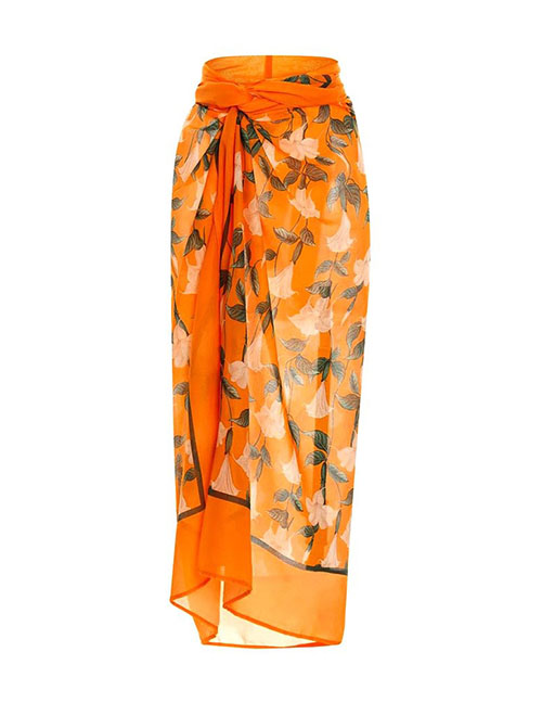 Fashion Orange Wrap Skirt Polyester Printed Beach Dress