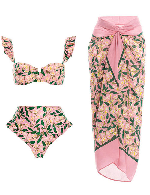 Fashion Pink Floral Bikini Set Polyester Floral Two-piece Swimsuit Beach Dress Set