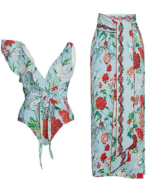 Fashion Ruffled One-piece Swimsuit Set Polyester Printed One-piece Swimsuit Beach Dress Set
