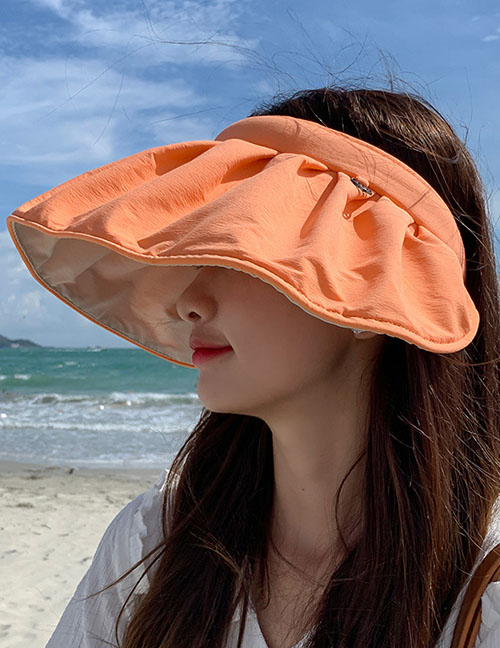 Fashion Orange Solid Pleated Large Brim Empty Sun Hat