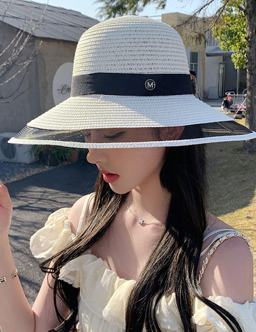 Fashion White Alphabet Web Straw Big Brim Sun Hat