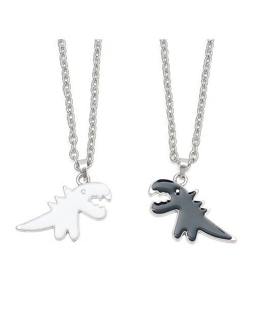Fashion A Pair Of Black And White Dinosaur Cross Chains A Pair Of Alloy Drip Oil Dinosaur Necklaces