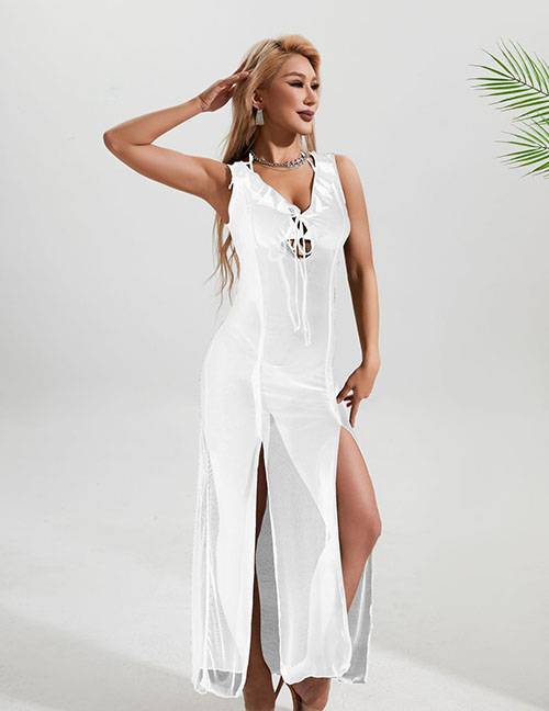 Fashion White Polyester Halter Neck Two-piece Swimsuit Slit Blouse Three-piece Set