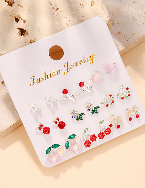 Fashion Silver Alloy Diamond Cherry Branch Earring Set