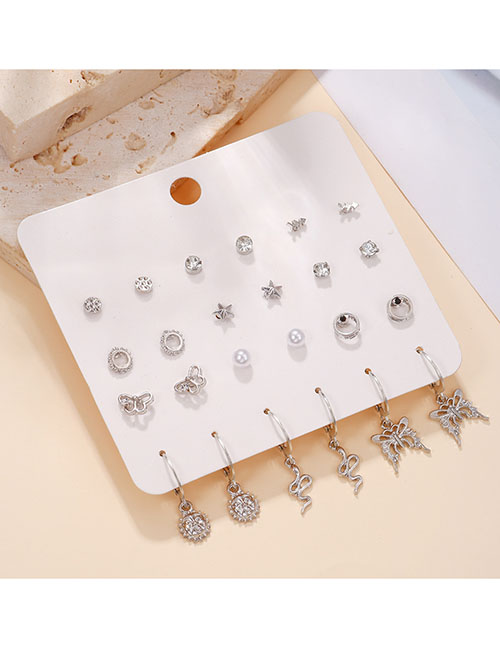 Fashion Silver Alloy Diamond Geometric Butterfly Snake Earring Set