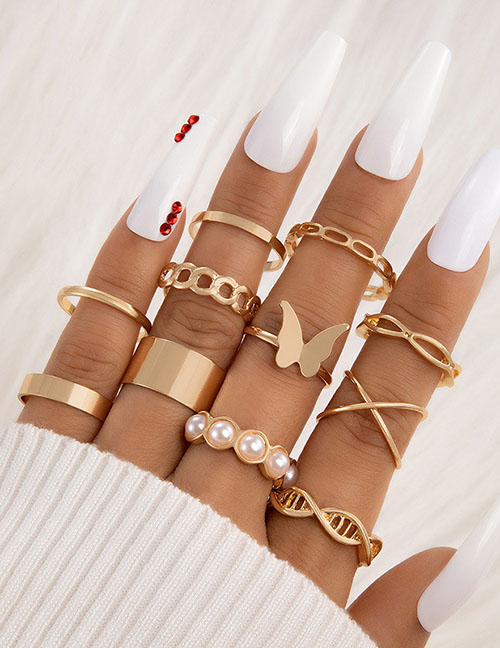 Fashion 1# Alloy Geometric Chain Pearl Cross Butterfly Ring Set