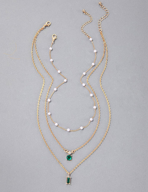 Fashion Gold Alloy Geometric Pearl Chain Square Round Diamond Multilayer Necklace