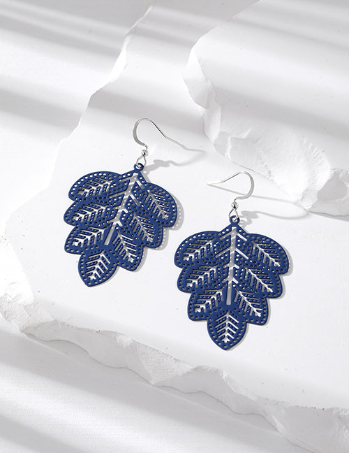 Fashion Navy Blue Leaves Metal Cutout Leaf Earrings