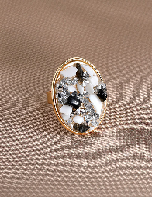 Fashion Black And White Gravel Alloy Diamond Paved Stone Oval Ring