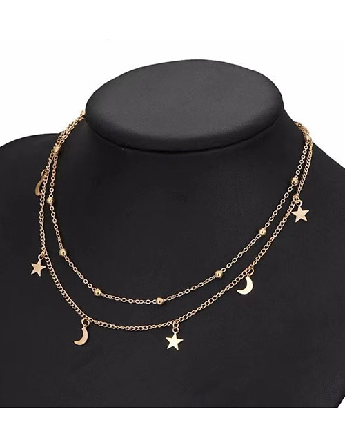 Fashion Gold Alloy Star Moon Double Layer Necklace