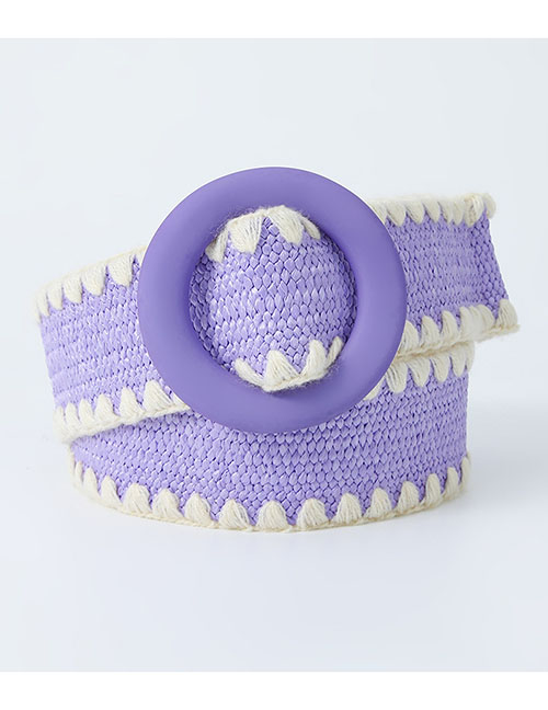 Fashion Purple Pp Straw Woven Round Buckle Wide Belt