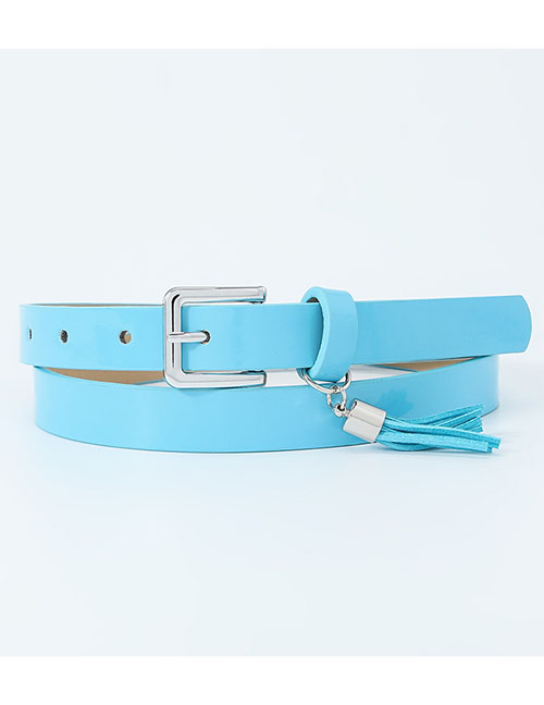 Fashion Light Blue Pu Tassel Patent Leather Pin Buckle Wide Belt