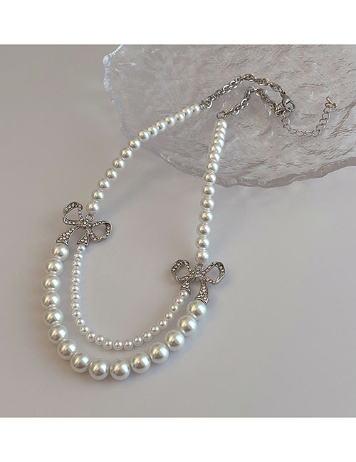 Fashion White Pearl Bead And Diamond Bow Double Layer Necklace