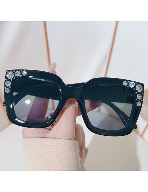 Fashion Black Frame Green Powder Pc Diamond Square Sunglasses