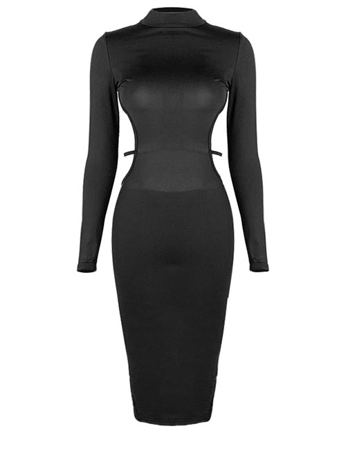 Fashion Black Polyester Turtleneck Long Sleeve Dress
