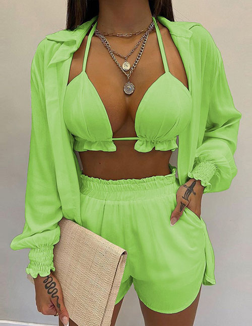 Fashion Green Polyester Halter Neck Camisole Shorts Lapel Collar Cardigan Three-piece Set