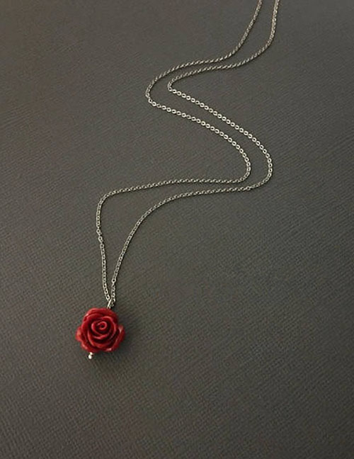 Fashion Silver Metal Red Rose Necklace
