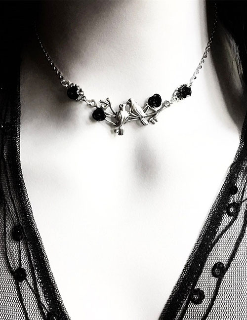 Fashion Black Alloy Diamond Flower Bird Necklace