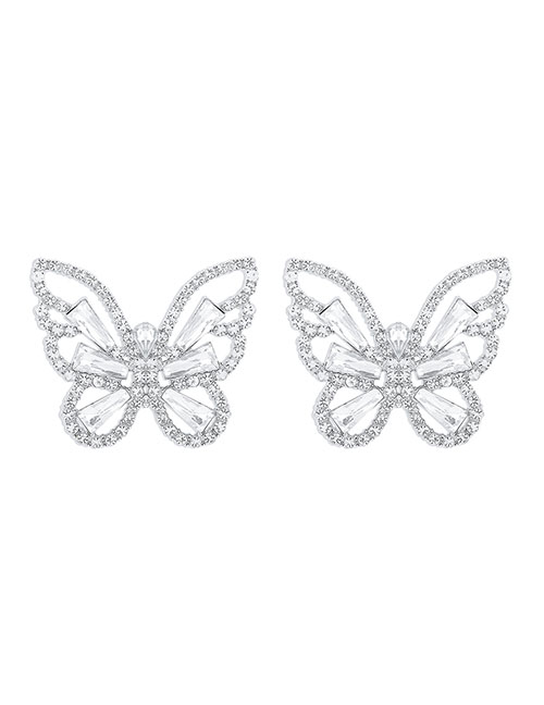 Fashion White Alloy Diamond-studded Three-dimensional Hollow Butterfly Stud Earrings
