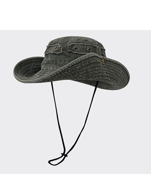 Fashion Washed Black And Green Denim Sun Hat With Large Brim And Drawstring