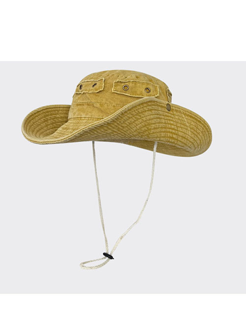 Fashion Washed Yellow Denim Sun Hat With Large Brim And Drawstring