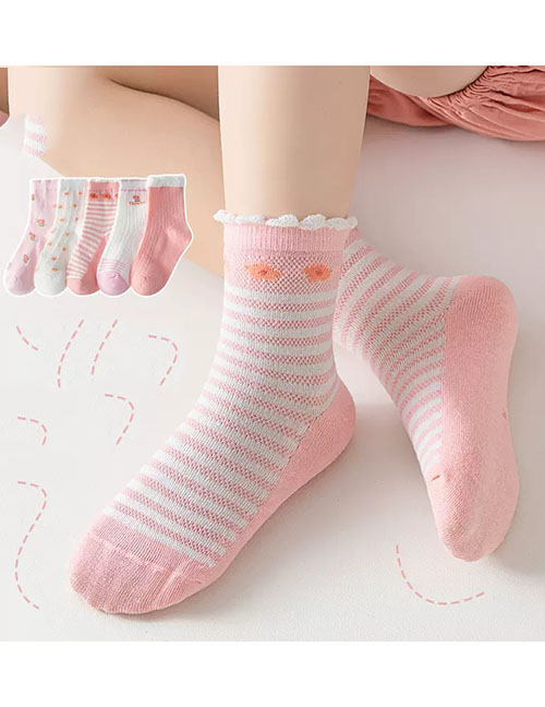 Fashion Princess Pink Flower [spring And Summer Mesh 5 Pairs] Cotton Printed Children's Socks