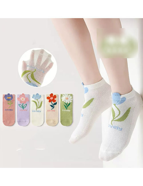 Fashion Colorful Flowers [spring And Summer Mesh 5 Pairs] Cotton Printed Children's Socks