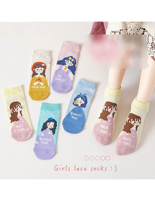 Fashion Happy Girl [spring And Summer Mesh 5 Pairs] Cotton Printed Children's Socks