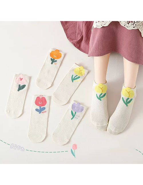 Fashion Tulip [spring And Summer Mesh 5 Pairs] Cotton Printed Children's Socks
