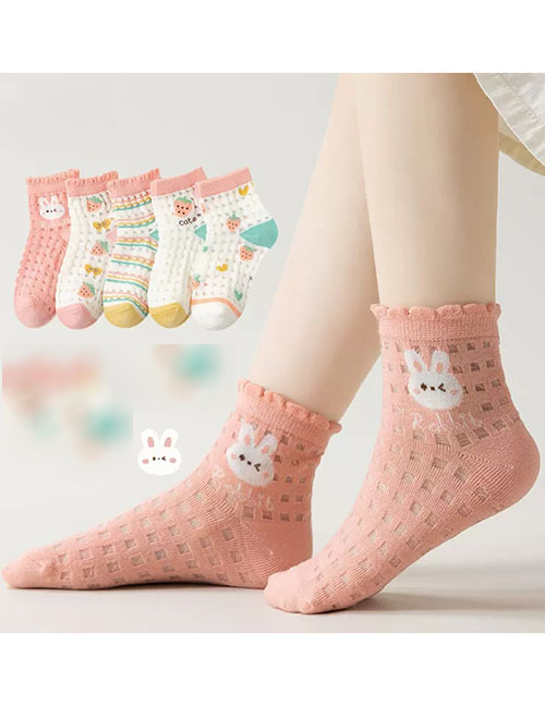 Fashion Strawberry Bunny [spring And Summer Mesh 5 Pairs] Cotton Printed Children's Socks