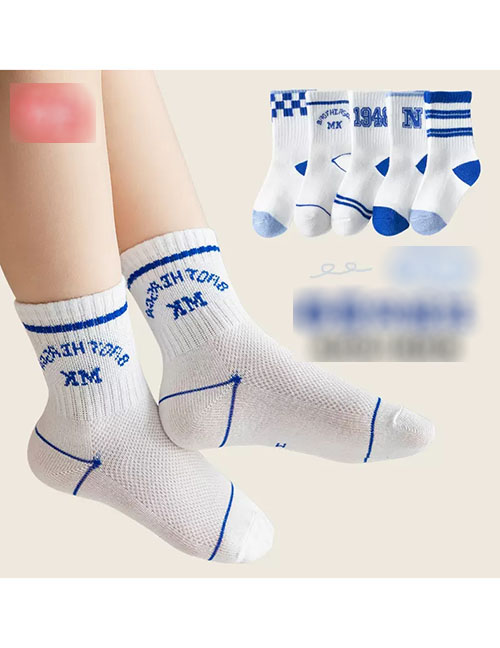 Fashion Blue Letters [spring And Summer Mesh 5 Pairs] Cotton Printed Children's Socks