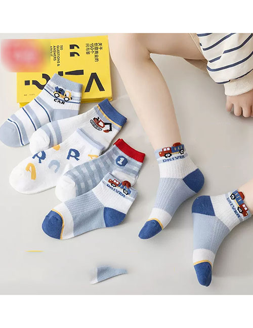 Fashion Engineering Vehicle [spring And Summer Mesh 5 Pairs] Cotton Printed Children's Socks