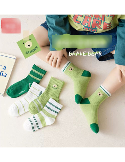 Fashion Green Bear [soft Thin Cotton 5 Pairs] Cotton Printed Children's Socks