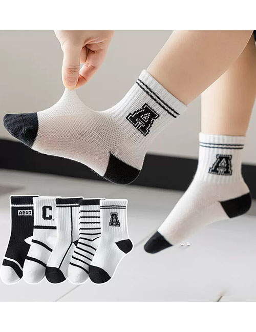 Fashion Black And White Letters [breathable Mesh 5 Pairs] Cotton Printed Children's Socks