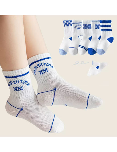 Fashion Blue Letters [breathable Mesh 5 Pairs] Cotton Printed Children's Socks