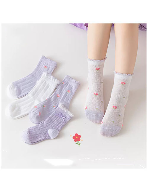Fashion Purple Flower [spring And Summer Mesh 5 Pairs] Cotton Printed Children's Socks