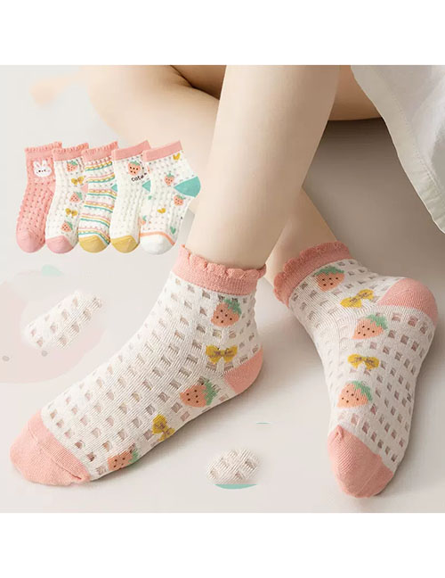 Fashion Strawberry Bunny [5 Pairs Of Spring And Summer Mesh] Cotton Printed Children's Socks