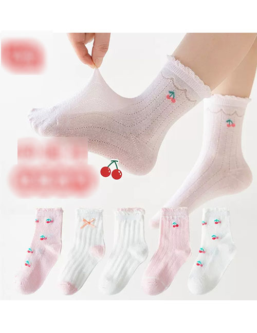 Fashion Pink Cherry [spring And Summer Mesh 5 Pairs] Cotton Printed Children's Socks