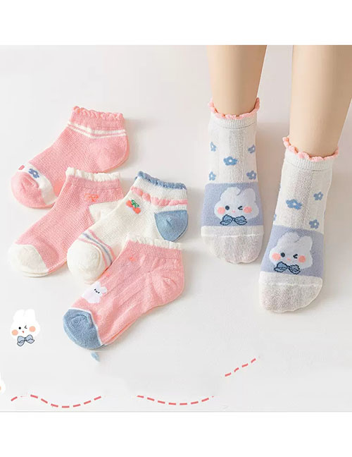Fashion Pink Butterfly Rabbit [spring And Summer Mesh 5 Pairs] Cotton Printed Children's Socks
