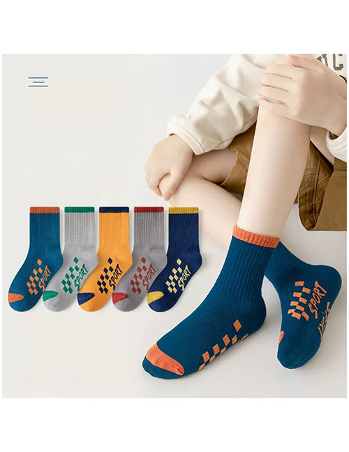 Fashion Checkered Sports Socks [five Pairs Of Hardcover] Cotton Printed Children's Socks