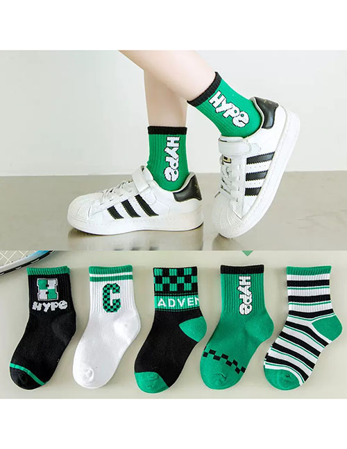 Fashion Green Letters [sports Trend Socks] [five Pairs Of Hardcover] Cotton Printed Children's Socks