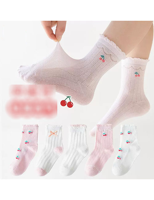 Fashion Cherry Mesh Socks - 5 Pairs Cotton Printed Children's Socks