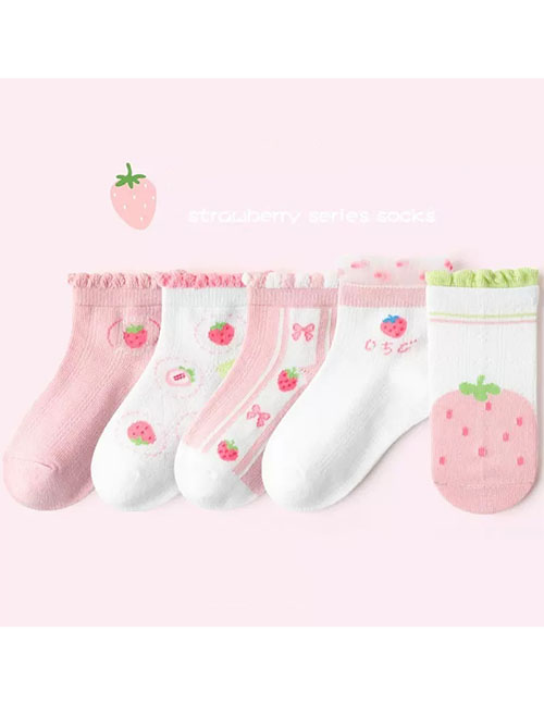 Fashion Strawberry Lace Mesh Socks-5 Pairs Cotton Printed Children's Socks